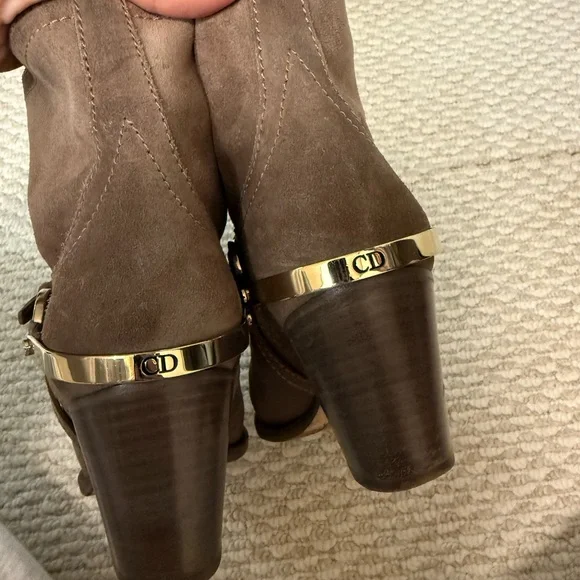Christian Dior Taupe Suede Mid-Calf Heeled Boot with Gold Accent - Picture 5 of 6